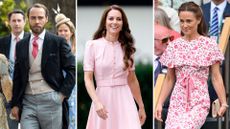 Composite of pictures of James Middleton wearing a suit to Lady Gabriella Windsor’s wedding in 2019, Kate Middleton wearing a pink dress to officially open the Young V&A in 2023, and Pippa Middleton wearing a floral dress at Wimbledon 2024