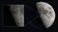 An image of the moon with its right side lit by sunlight against a black background. A zoomed-in shot of the lunar surface is shown to the left, revealing the location of the lunar "V" effect.