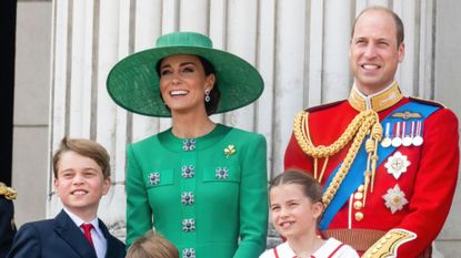 The Prince and Princess of Wales, Prince George, Princess Charlotte and Prince Louis on the balcony of Buckingham Palace for Trooping the Colour 2023
