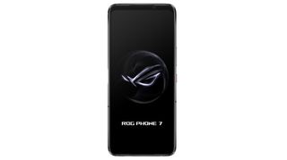 En svart Asus ROG Phone 7 vist forfra mot en hvit bakgrunn.