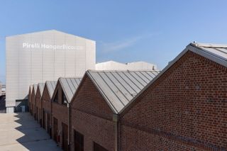 Exterior view of the Pirelli HangarBicocca art foundation today, a former train factory in Milan