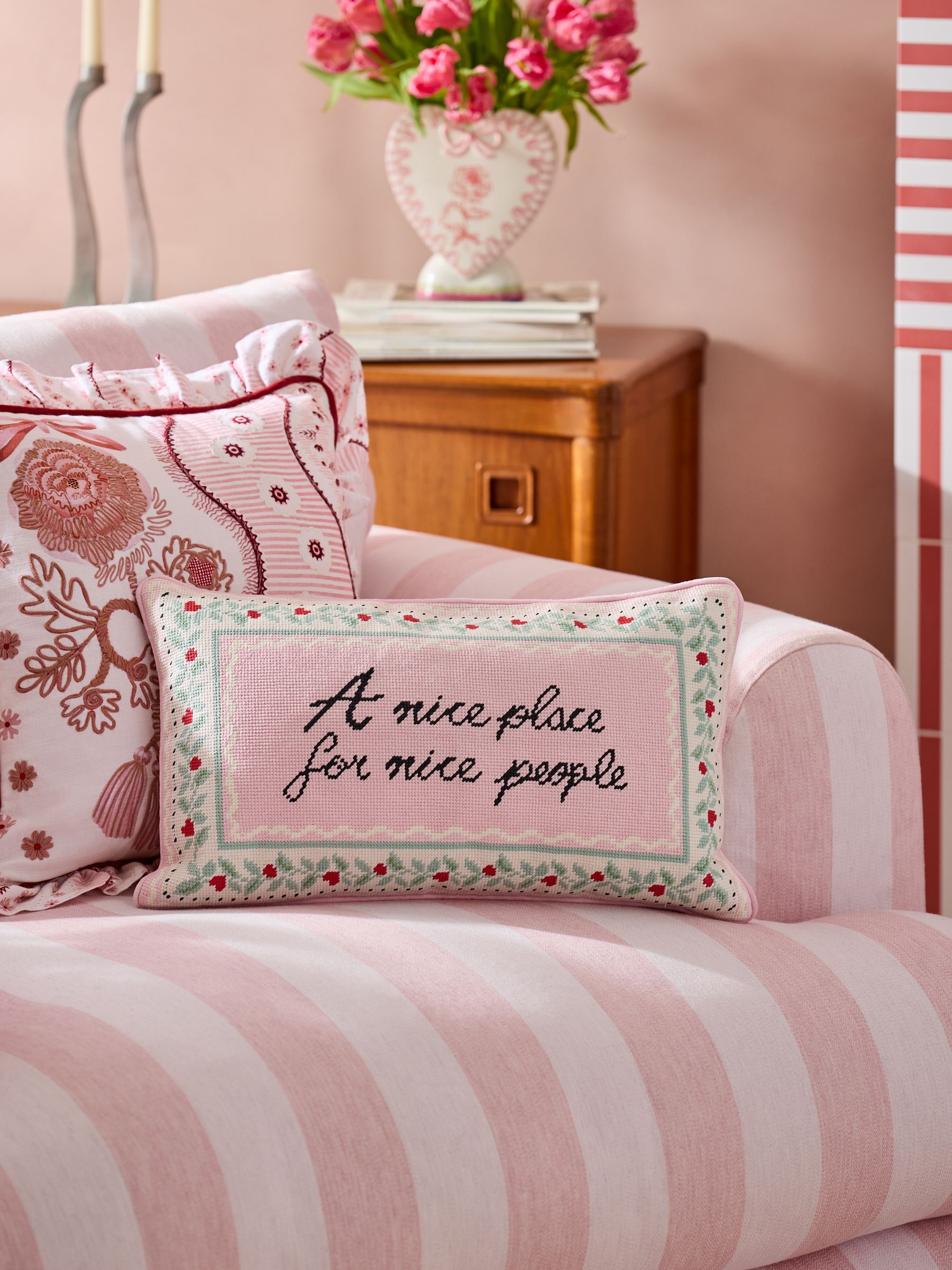 Cath Kidston Pink Nice Place Slogan Needlepoint Cushion - Size 50x30