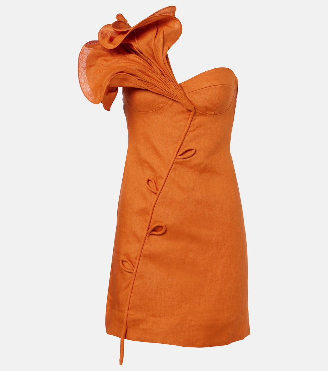 Linen minidress in floral-appliqué orange color - Farm Rio