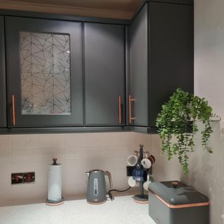 grey kitchen cupboards with vinyl and accessories on worktop