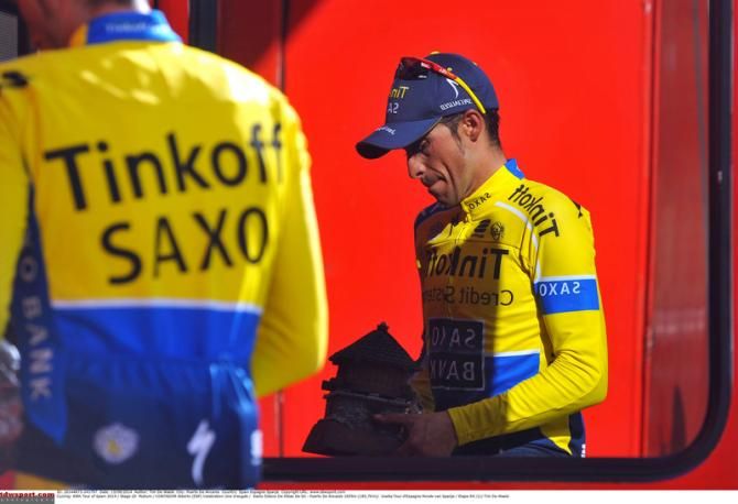 Alberto Contador (Tinkoff-Saxo) checks out his prize for the stage win