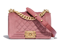 Chanel, Small Boy Chanel Handbag Velvet &amp; Gold Metal Pink