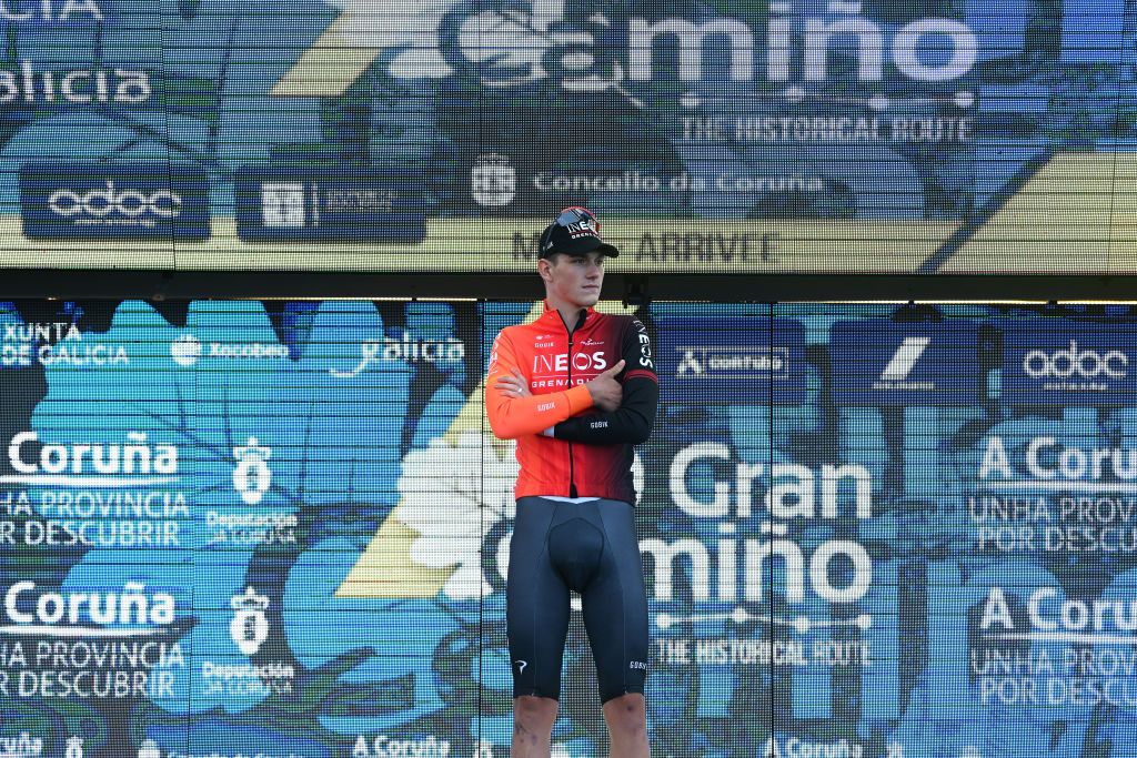 A CORUNA SPAIN FEBRUARY 22 Joshua Tarling of The United Kingdom and Team INEOS Grenadiers celebrates at podium as stage winner during the 3rd O Gran Camio The Historical Route 2024 Stage 1 a 141km individual time trial at stage from A Coruna to A Coruna on February 22 2024 in A Coruna Spain Photo by Dario BelingheriGetty Images