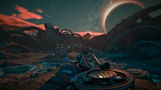 Promotional screenshot of the player exploring an alien world in The Outer Worlds 2