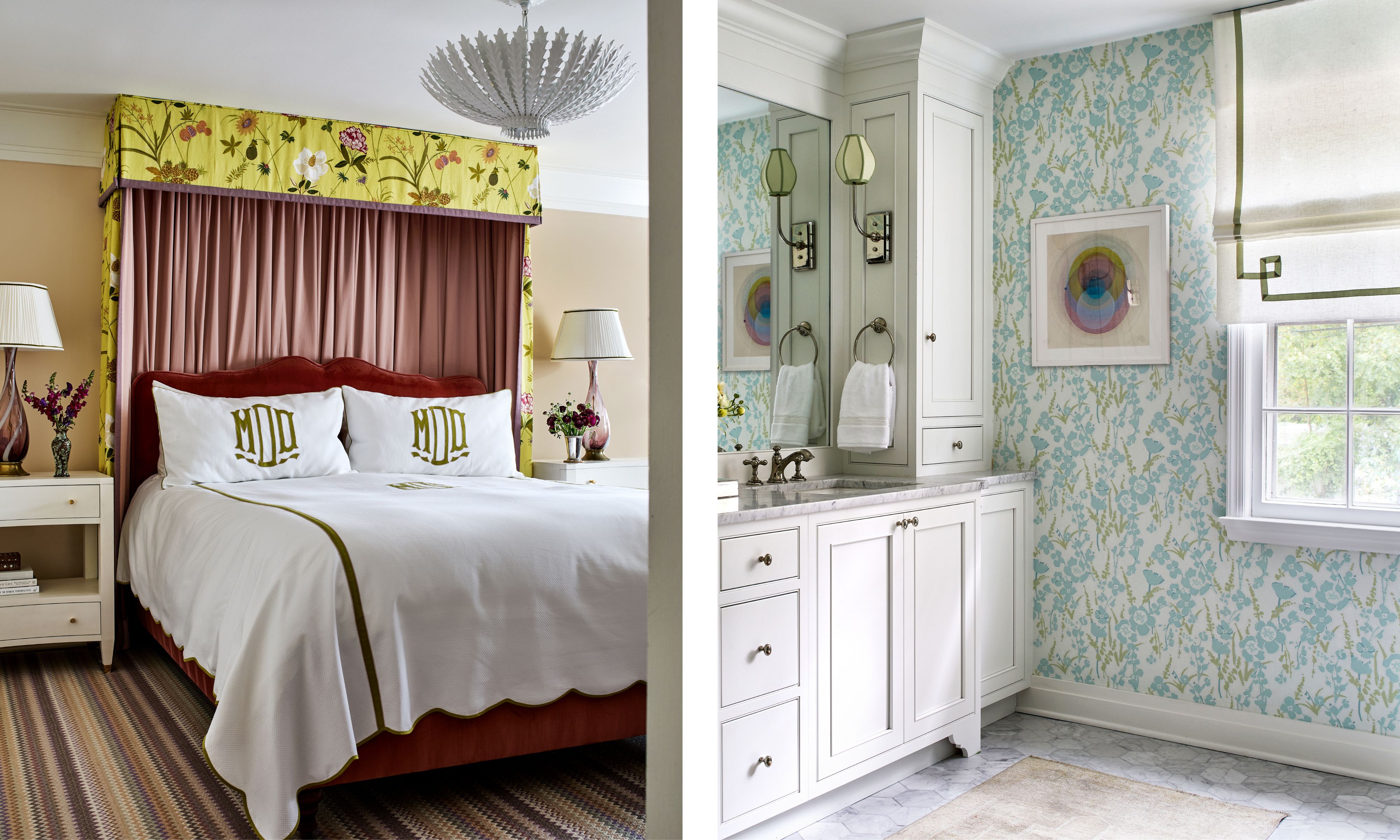 An image of a primary bedroom with a yellow patterned headboard and valance next to an image of a bedroom with white built-ins and blue floral wallpaper