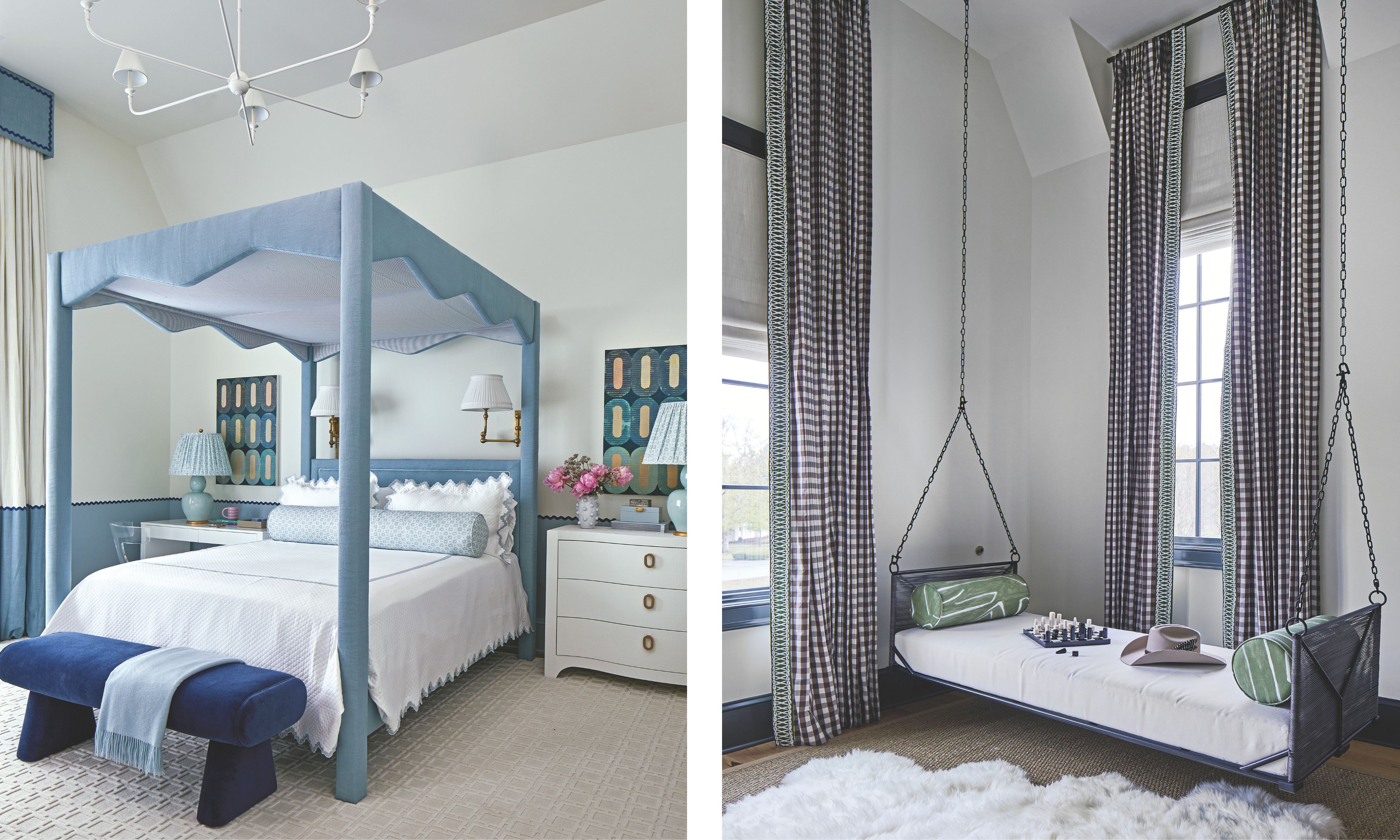 Two images. The left image is of a child's bedroom with a blue fourposter bed with white sheets and the right is another child's bed with a handing bed and long gingham curtains