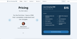 screenshots of Less Annoying CRM website