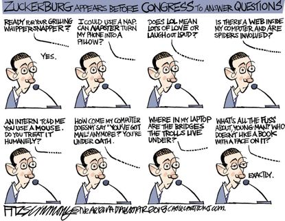 Political cartoon U.S. Mark Zuckerberg Facebook Congress testimony