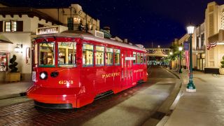 Red Car Trolley at night at Disney California Adventure