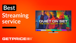 Orange background with text that says Best Streaming Service with Get Price logo and TV screen with image from Quiet on Set documentary