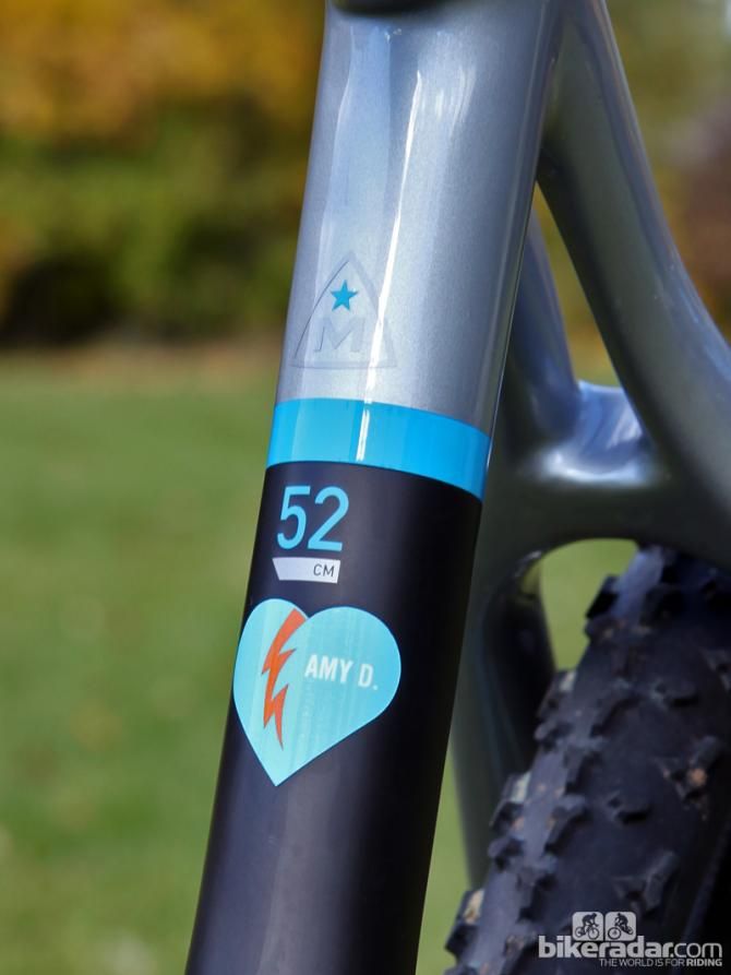 Nicole Duke (Marin Bikes/Spy Optics) runs a smaller frame than her height might otherwise suggest for better maneuverability. A simple tribute to fallen friend Amy Dombroski stands as a constant reminder to leave everything out on the race course
