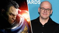 Left: Space Marine protagonist Titus looking angry and emerging out of darkness. Right: LOS ANGELES, CALIFORNIA - DECEMBER 11: Tim Willits attends The Game Awards 2025 at the Peacock Theater on December 11, 2025 in Los Angeles, California. (Photo by Scott Kirkland/Frank Micelotta/The Game Awards via Getty Images)