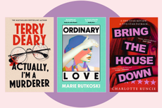 A collage of books against a pink background