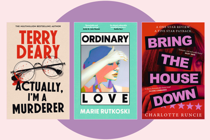 A collage of books against a pink background