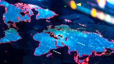 A digital display of the world map, in shades of blue and outlined in red with labels to denote threats, representing attacks on critical national infrastructure (CNI).