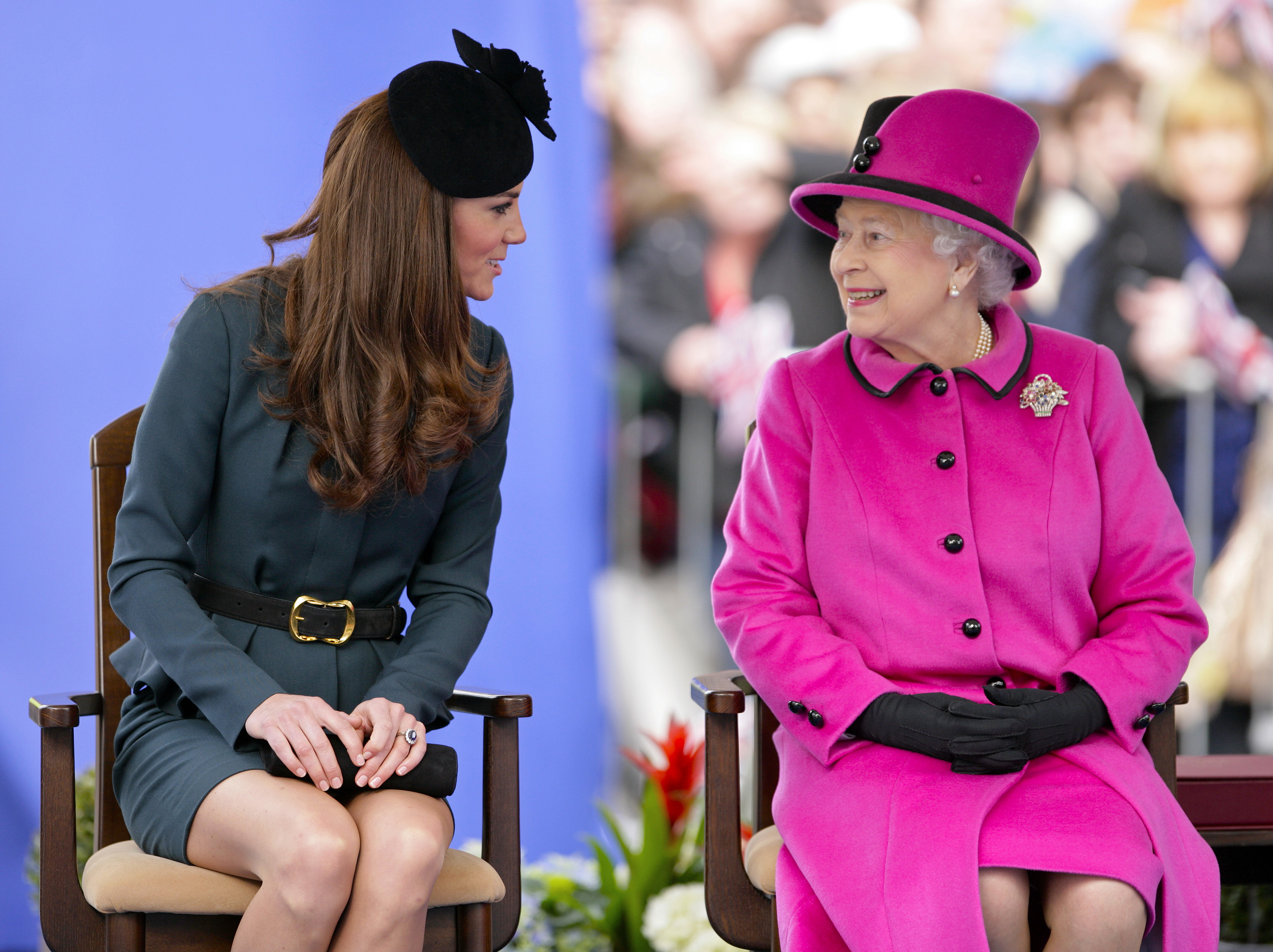 LEICESTER, UNITED KINGDOM - MARCH 08: (EMBARGOED FOR PUBLICATION IN UK NEWSPAPERS UNTIL 48 HOURS AFTER CREATE DATE AND TIME) Catherine, Duchess of Cambridge and Queen Elizabeth II listen to a speech as they and Prince Philip, Duke of Edinburgh visit Leicester on the first date of Queen Elizabeth II&amp;amp;apos;s Diamond Jubilee tour of the UK on March 8, 2012 in Leicester, England. (Photo by Indigo/Getty Images)
