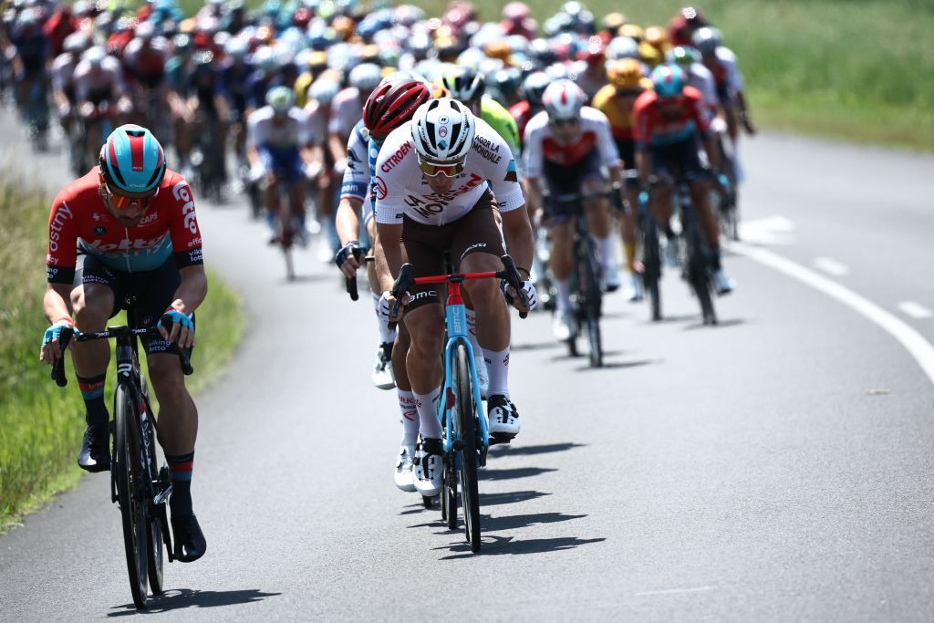 The pack rides during the start of the second stage of the 75th edition of the Criterium du Dauphine cycling race 1673 kms betwenn BrassaclesMines and La ChaiseDieu central France on June 5 2023 Photo by AnneChristine POUJOULAT AFP Photo by ANNECHRISTINE POUJOULATAFP via Getty Images