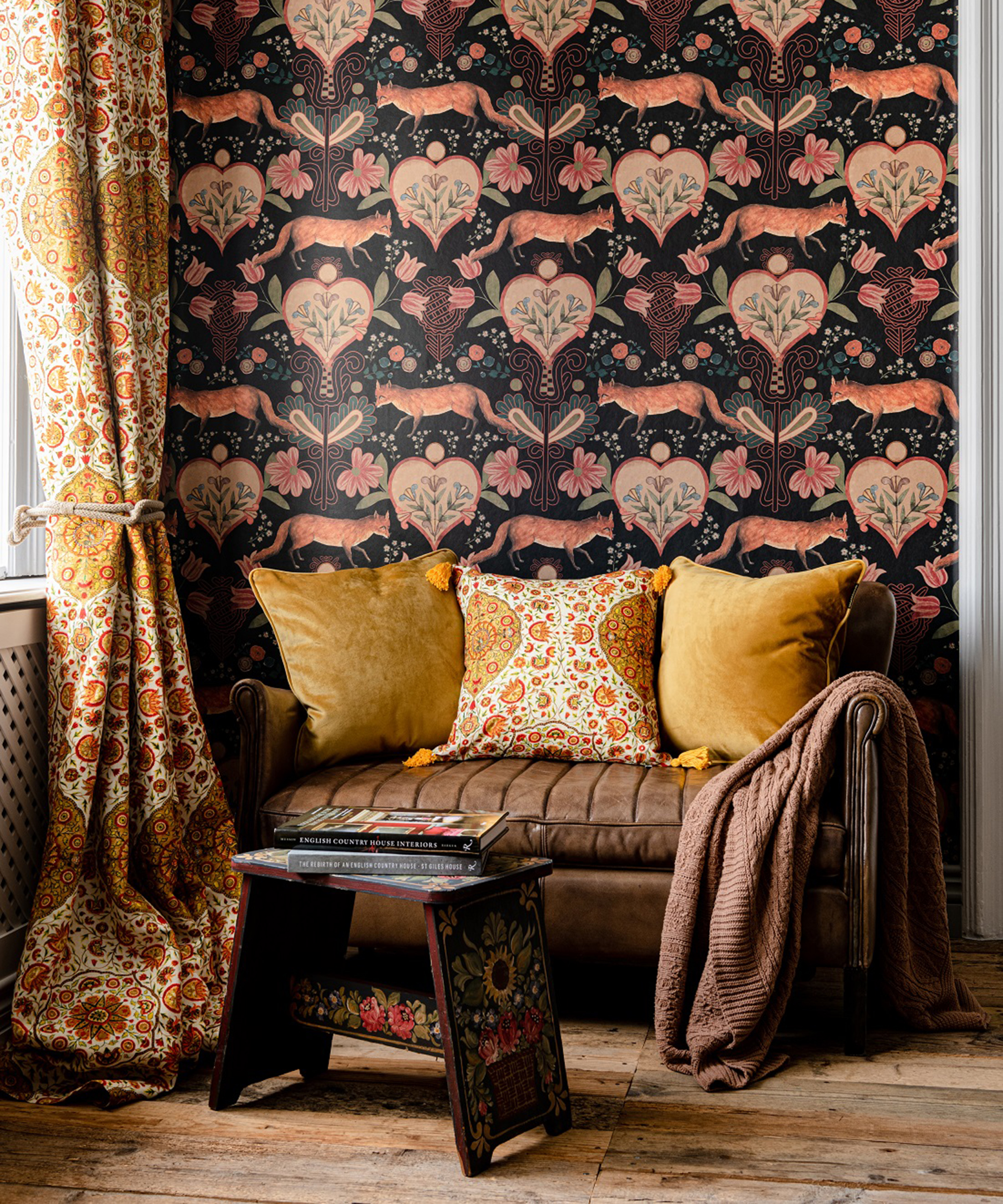 Mindthegap - Transylvanian Roots - The Vixen wallpaper Csardas cushion curtains in Csardas linen