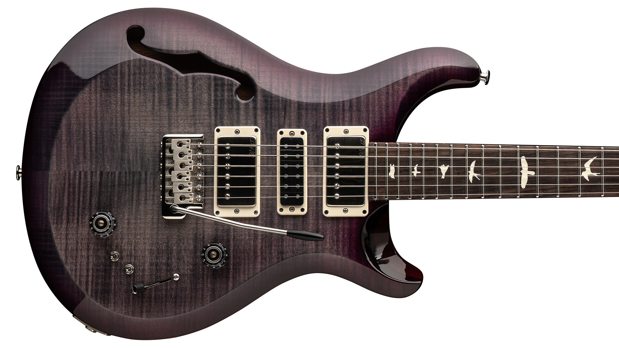 A photo of the S2 Special Semi-Hollow in Faded Gray Black Purple Burst finish