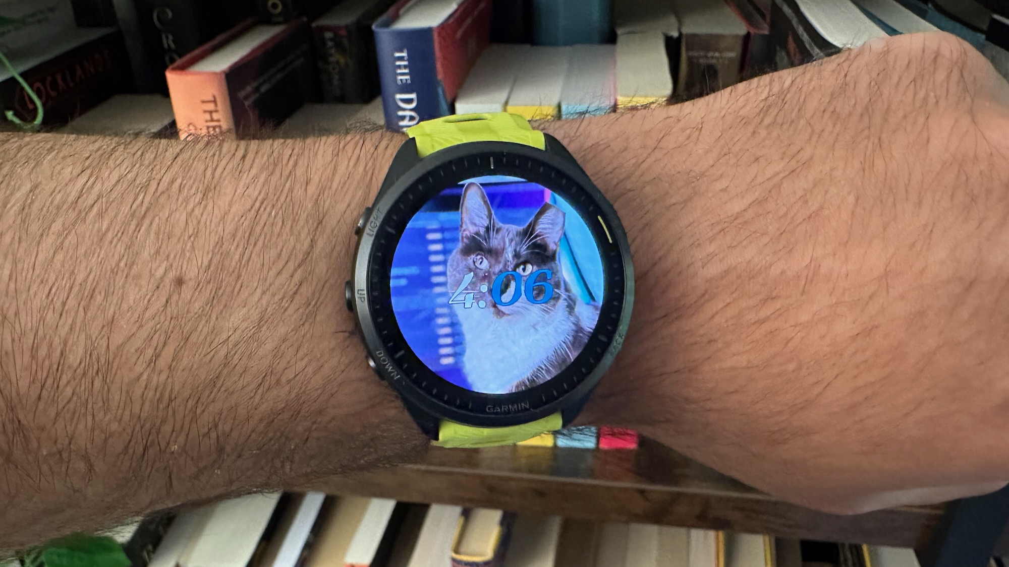 A custom watch face showing a photo of a cat on the Garmin Forerunner 965