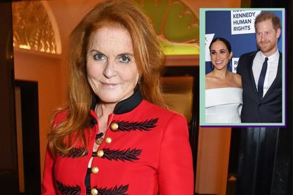 Sarah Ferguson main image with drop in of Prince Harry and Meghan Markle