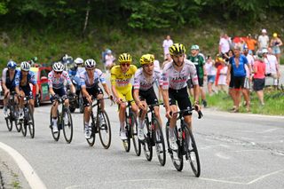 ISOLA 2000 FRANCE JULY 19 LR Tadej Pogacar of Slovenia Yellow Leader Jersey Joao Almeida of Portugal and Adam Yates of The United Kingdom and UAE Team Emirates compete during the 111th Tour de France 2024 Stage 19 a 1446km stage from Embrun to Isola 2000 2022m UCIWT on July 19 2024 in Isola 2000 France Photo by Tim de WaeleGetty Images