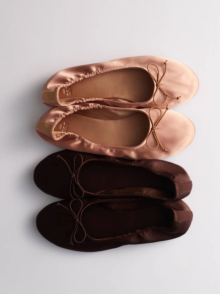 The Set, 2 Pack Satin Bow Ballet Flats Brown/Pink