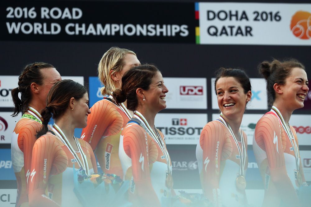 Lizzie Deignan of Great Britain celebrates with her Boels Dolmans team mates after winning the Women's Team Time Trial
