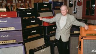 Jim Marshall (1923 – 2012) with a selection of his amplifiers, Los Angeles, California, 2000