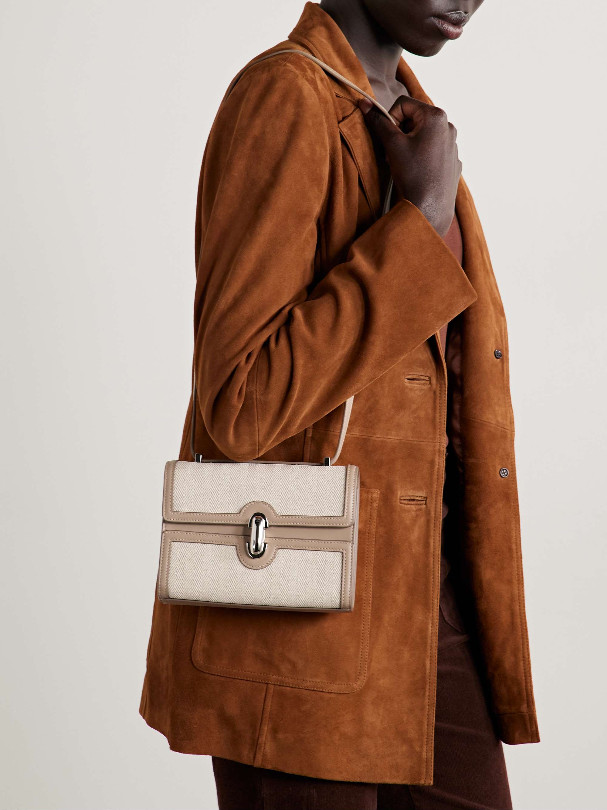 Symmetry 19 Leather-Trimmed Herringbone Linen Shoulder Bag