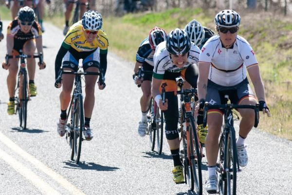 Ina Teutenberg (Specialized lululemon) prepares her victory salute as she wins the Hilltop Ranch Road Race with Joelle Numainville (Optum) second. Kristin Armstrong (Exergy TWENTY12) finished third to secure the overall race win.