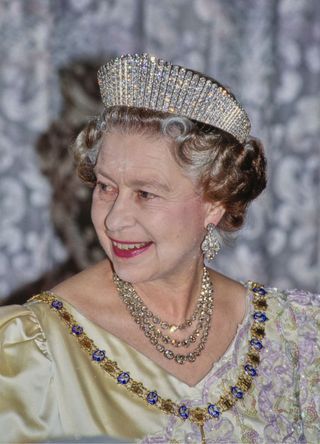 Queen Elizabeth II, wearing the Kokoshnik Tiara, attends a State Dinner in Reykjavik, Iceland,