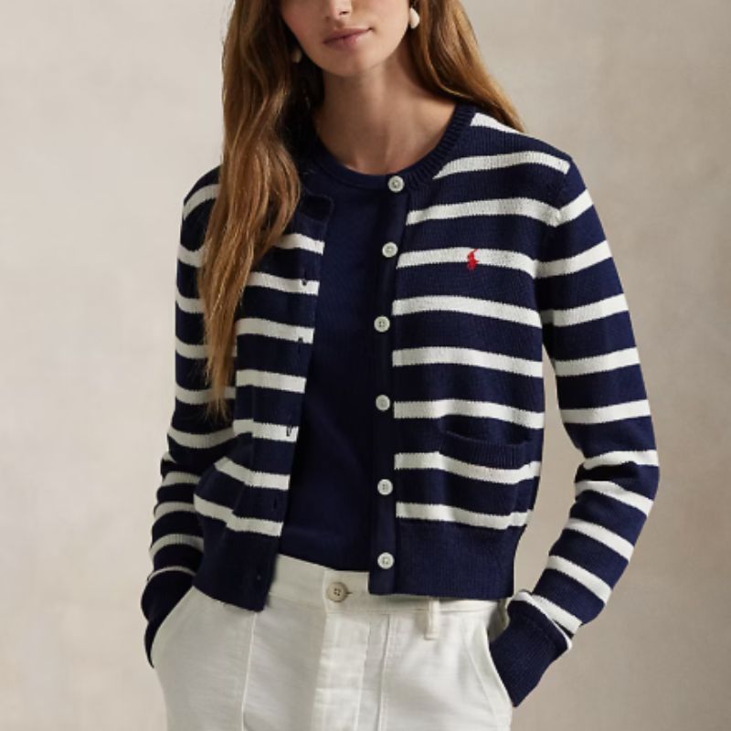 striped cardigan in navy and white