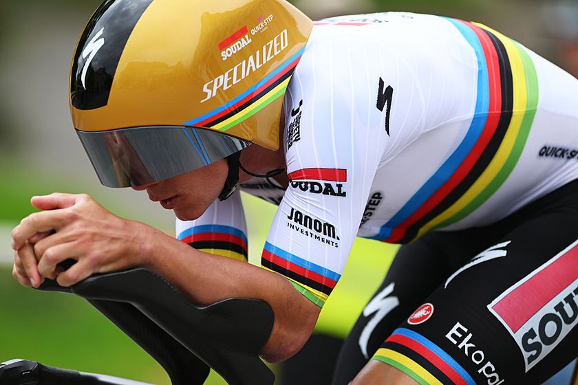GENEVA, SWITZERLAND - MAY 04: Remco Evenepoel of Belgium and Team Soudal Quick-Step competes during the 78th Tour De Romandie 2025, Stage 5 a 17.1km individual time trial stage from Geneve to Geneve / #UCIWT / on May 04, 2025 in Geneva, Switzerland. (Photo by Dario Belingheri/Getty Images)