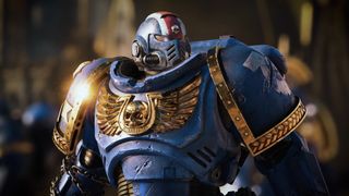 Screenshot from Warhammer 40K: Space Marine 2 of a blue marine looking off camera