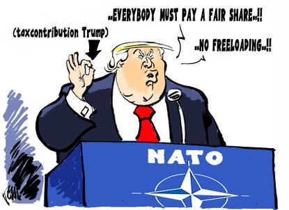 Political cartoon U.S. Trump abroad NATO tax contributions fair share