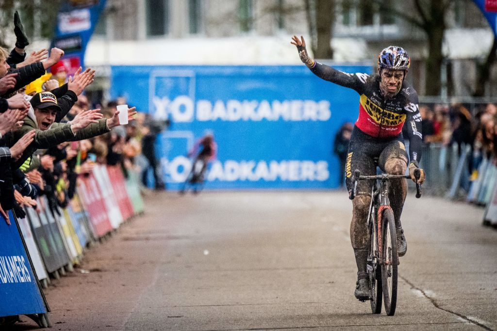 Belgian Wout Van Aert crosses the finish line at the mens elite race at the Herentals Crosst cyclocross cycling event on Tuesday 03 January 2023 in Herentals the fourth stage in the X2O Badkamers Trofee Veldrijden competition BELGA PHOTO JASPER JACOBS Photo by JASPER JACOBS BELGA MAG Belga via AFP Photo by JASPER JACOBSBELGA MAGAFP via Getty Images