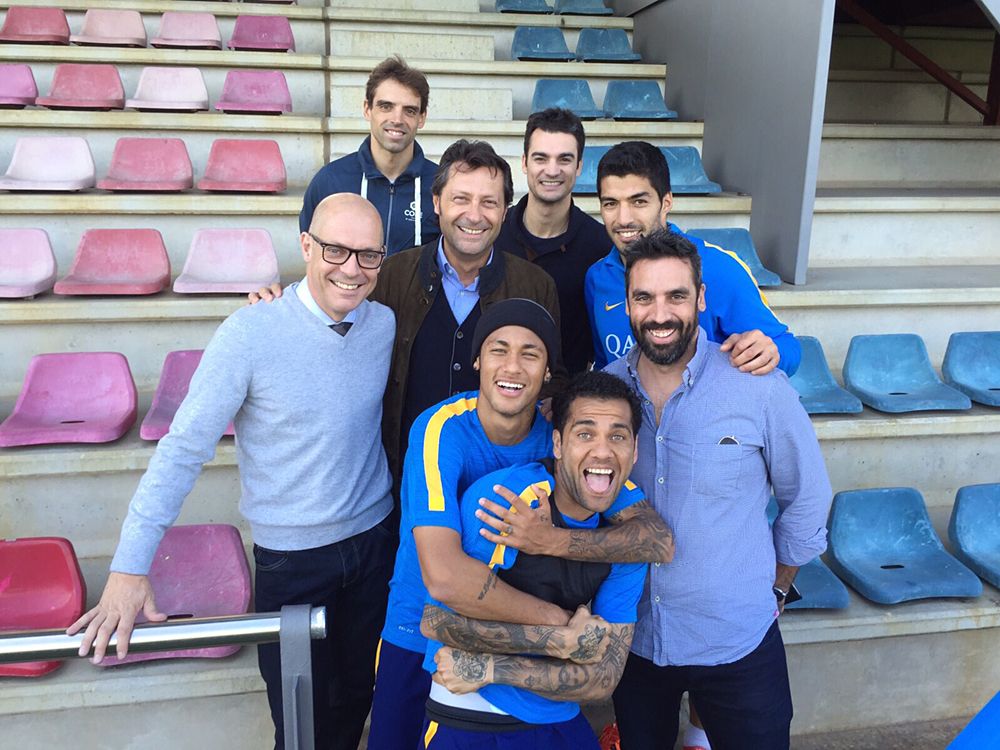 Dave Brailsford and Pinarello president Fausto Pinarello meet at the FC Barcelona's Ciutat Esportiva Joan Gamper training facility