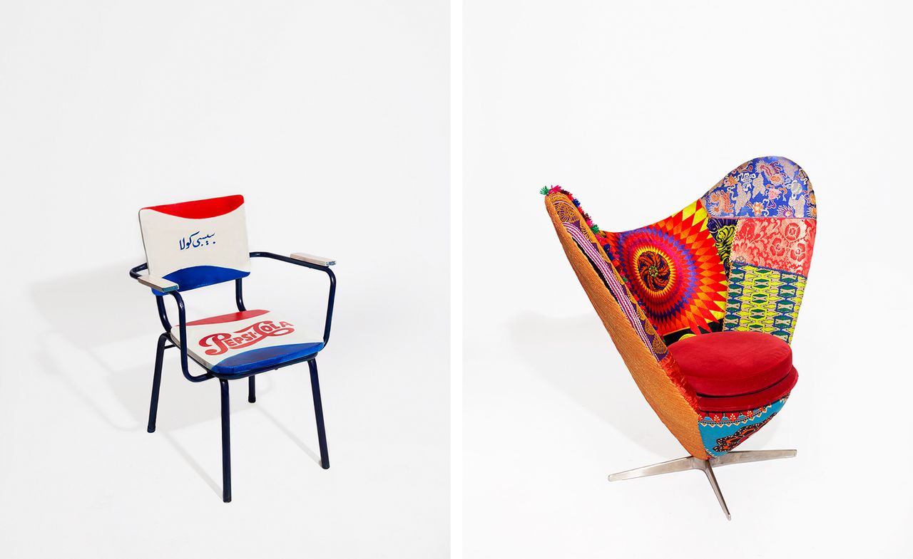 Pictured left: &#039;Pepsi Cola&#039; chairs, collected from the local Beirut Basta market, by Bokja Design. Right: &#039;Donatella&#039; vintage frame upholstered with Bokja&#039;s signature Assemblage textile