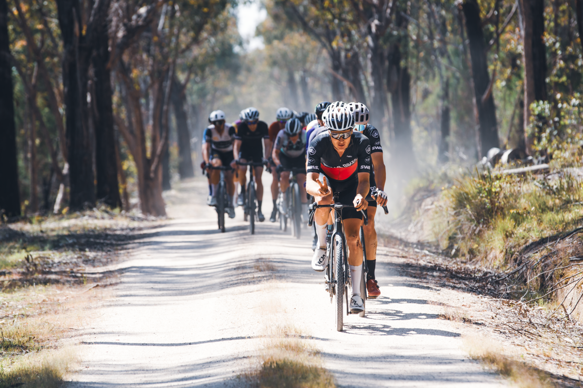 Driving the pace at the Gravelista round of the UCI Gravel World Series race in Beechworth, 2023