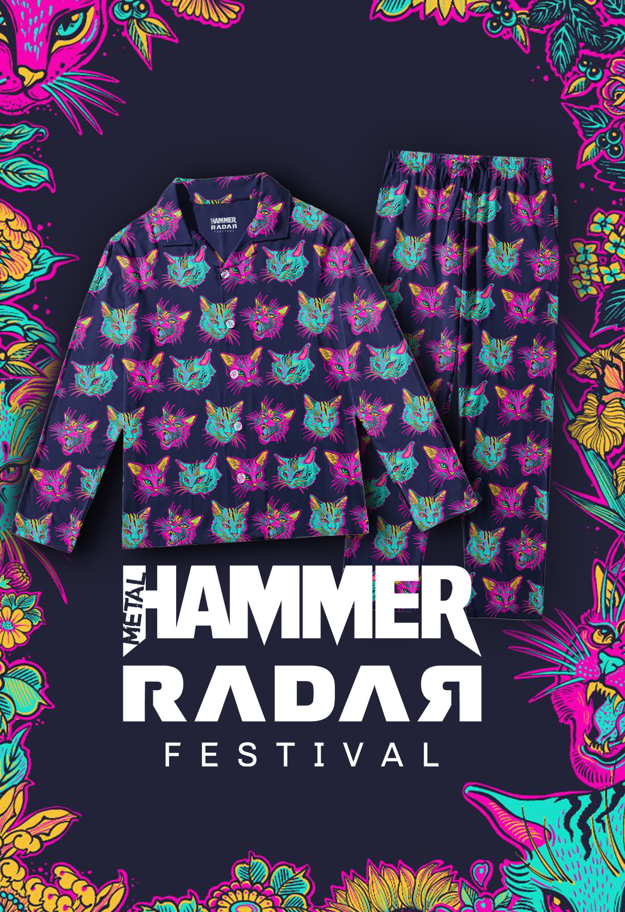 Cat pyjamas with Metal Hammer and Radar Festival graphics