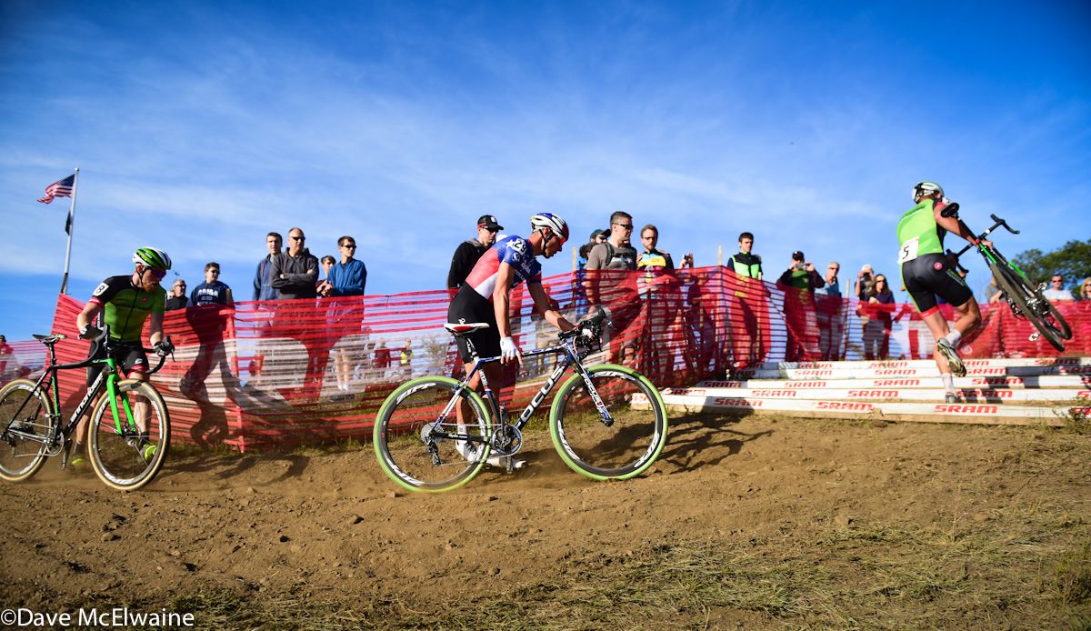Ryan Trebon (Cannondale) leading Jeremy Powers and Stephen Hyde at the new set of stairs