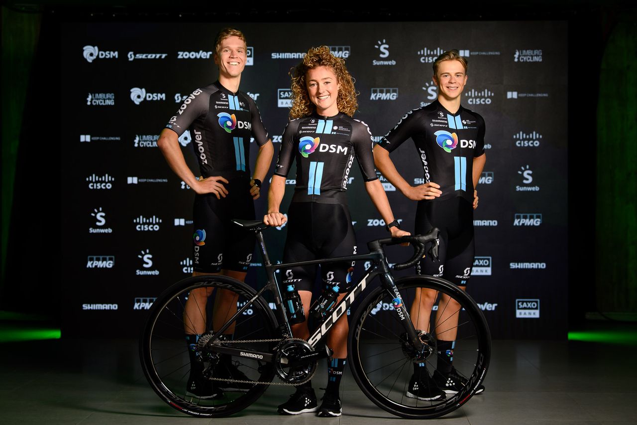 Team DSM riders show off the new black and blue colours