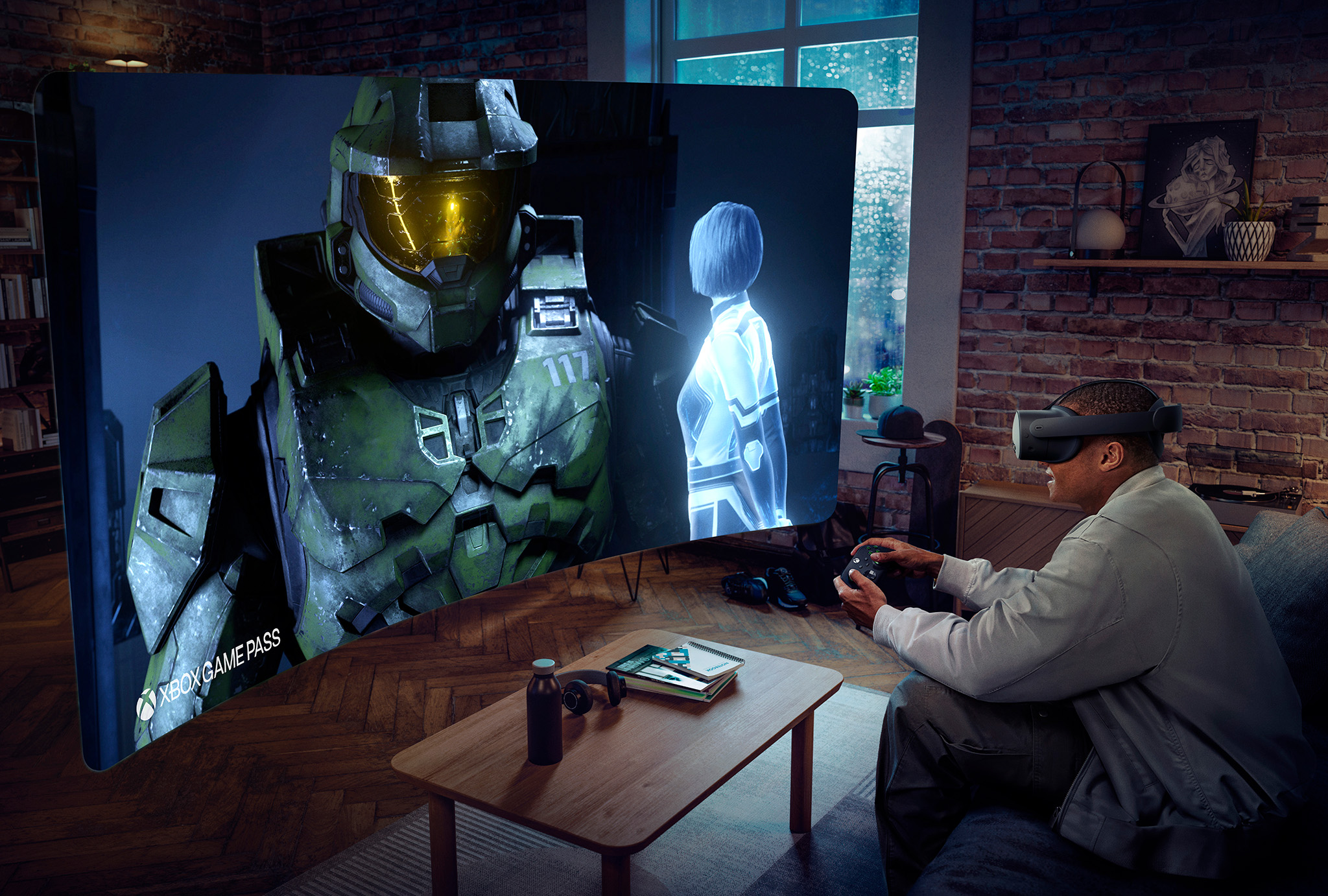 An official lifestyle image of someone playing Halo using a Meta Quest 3S Xbox Edition headset