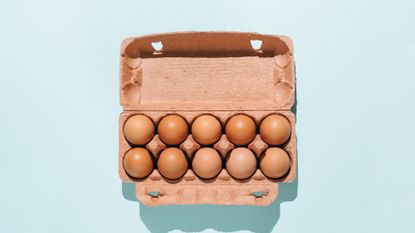 A carton of 10 eggs on a table