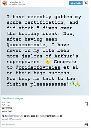 Zachary Levi about Aquaman on Instagram
